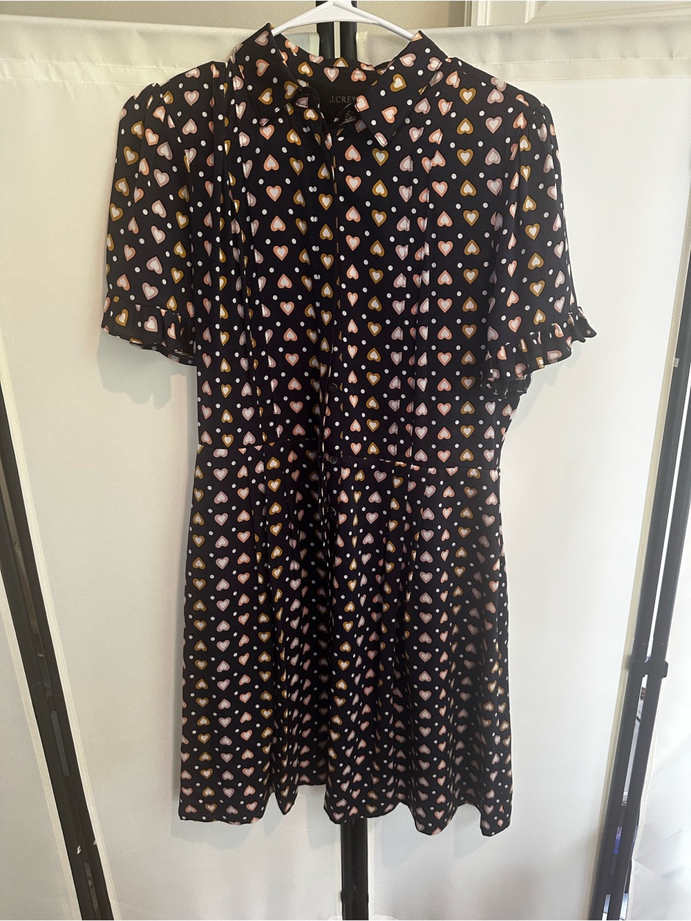 J. Crew silk Navy Blouse with Pink and Gold Heart Print
